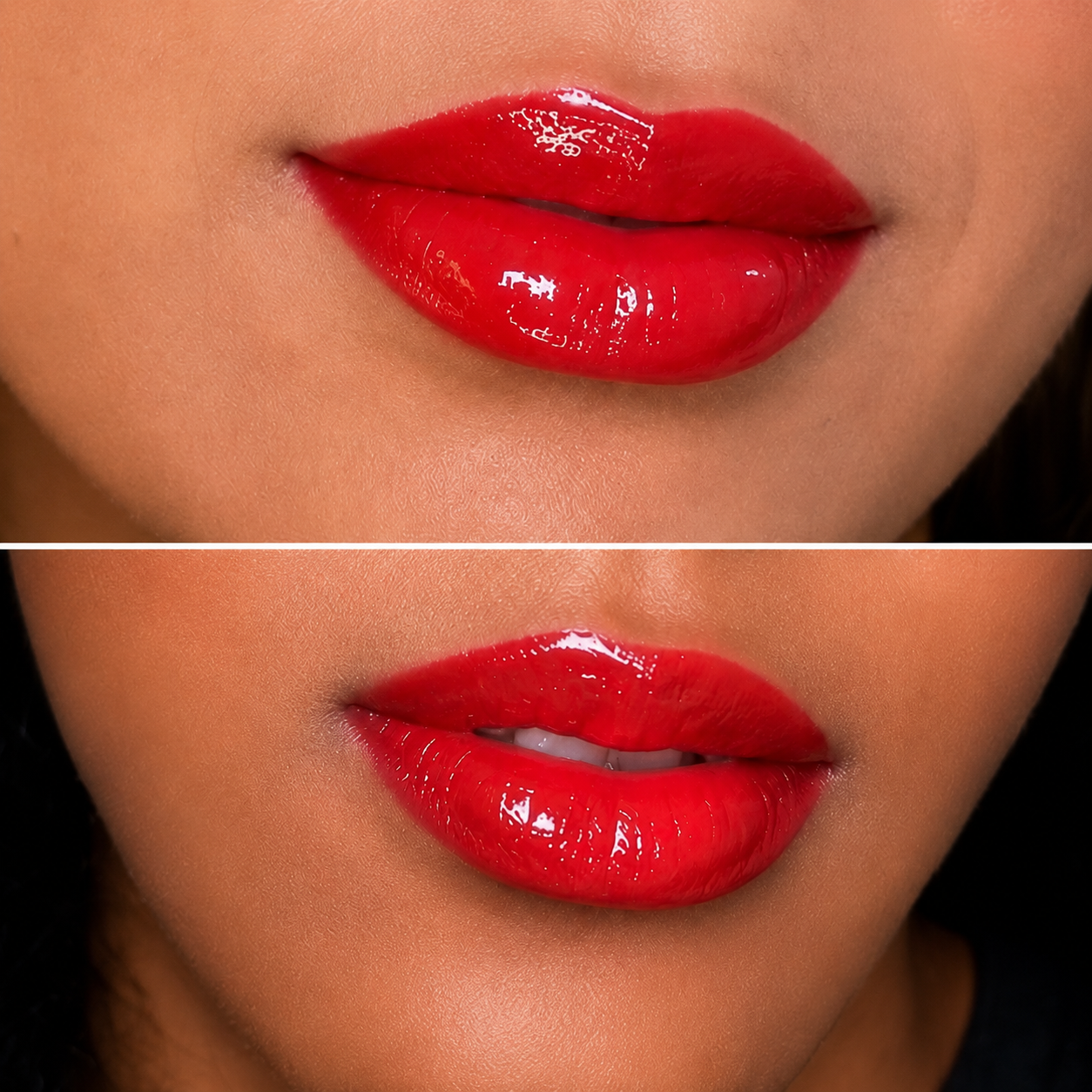 Red lip gloss swatch shown on two different skin tones
